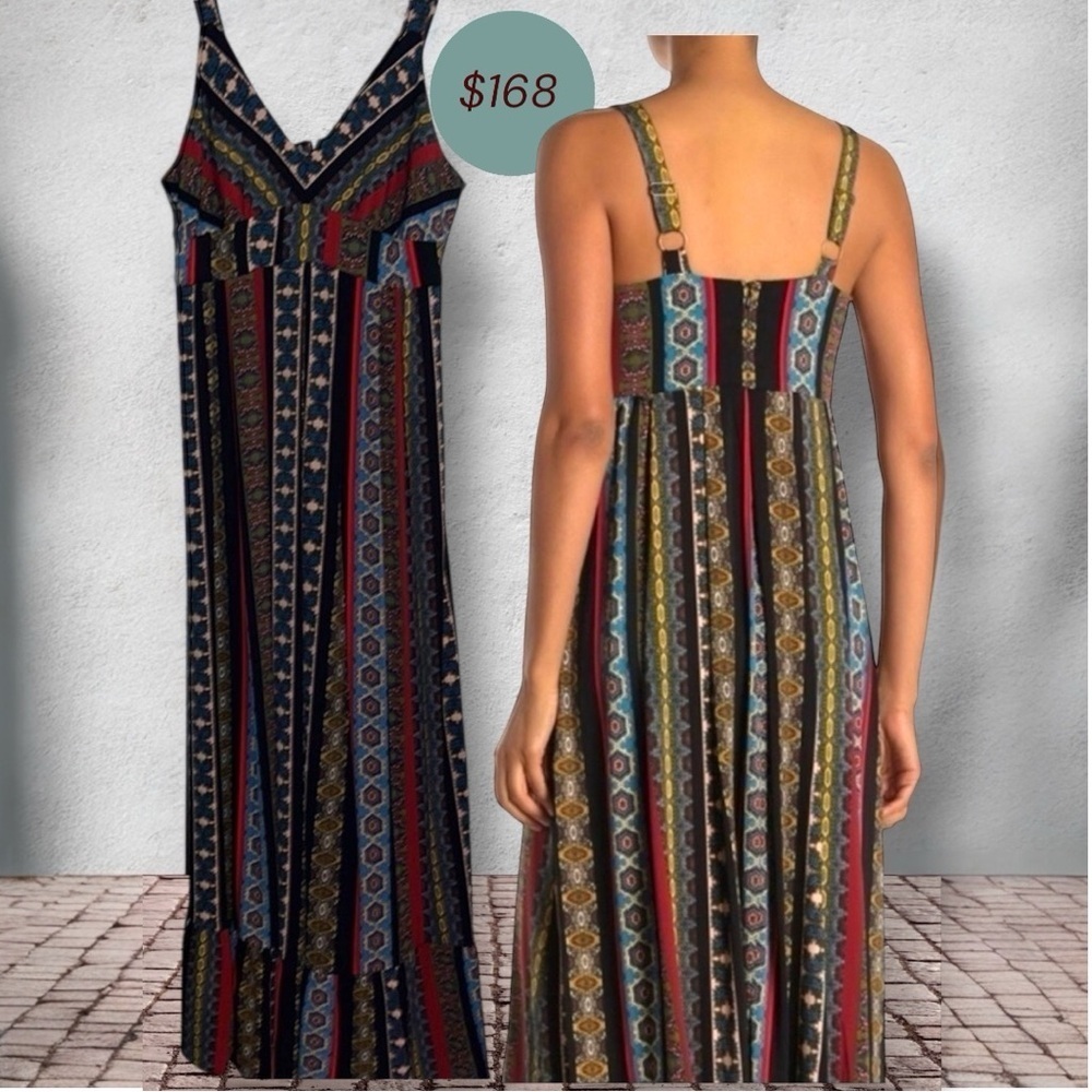 🌺T. Tahari Bohemian tile stripe paisley striped pattern & ruffled hem maxi dress